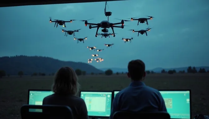 Two operators supervising a formation of uncrewed aircraft from a field console.