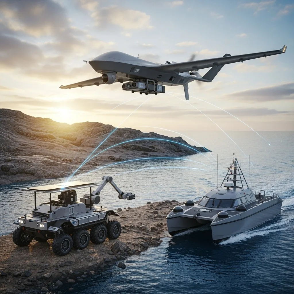 An uncrewed fixed-wing aircraft, a ground robot and an uncrewed surface vessel sharing one data link across shore and sea.