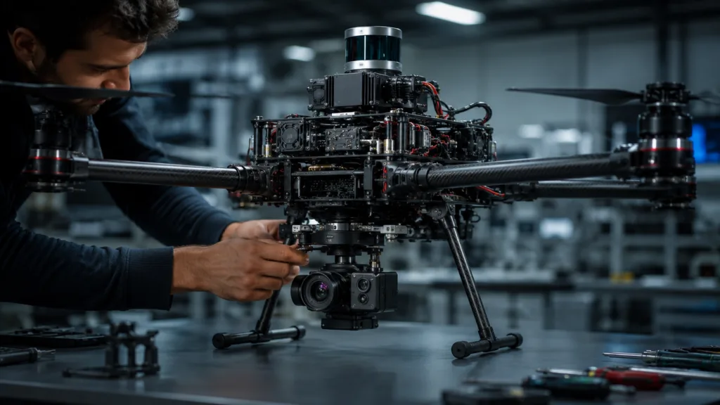 An engineer integrating a sensor turret, compute stack and radio onto a multirotor airframe.